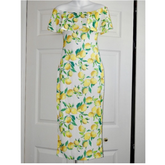 Host Pic🎉Yellow lemon print bardot dress Small/Me - Picture 2 of 8